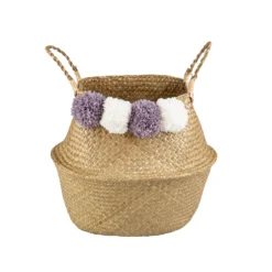 Storage Rack Store 13 Seagrass Foldable Basket With Pom Poms